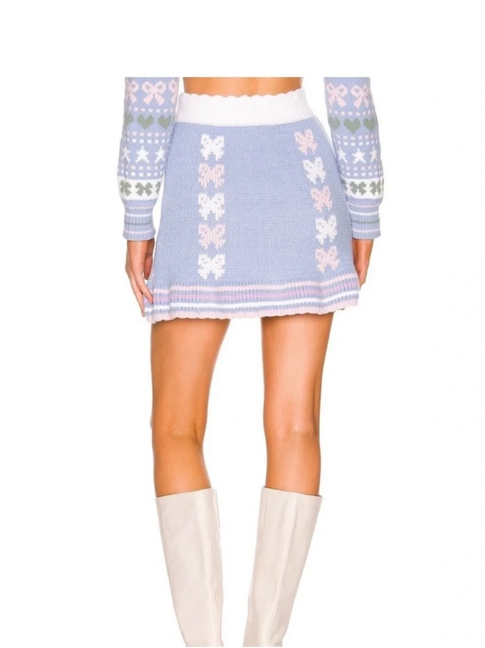 LoveShackFancy Hathaway Knit Mini Skirt bows scalloped edges